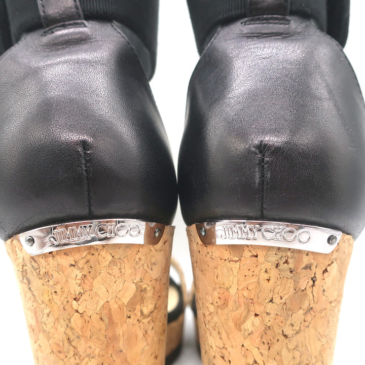 Jimmy Choo Neston Cork Wedge Sandals Snakeskin &amp; Black Leather Size 38.5