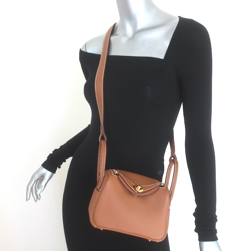 Hermes 2024 Mini Lindy 20 Bag Gold Brown Clemence Leather Gold Hardware