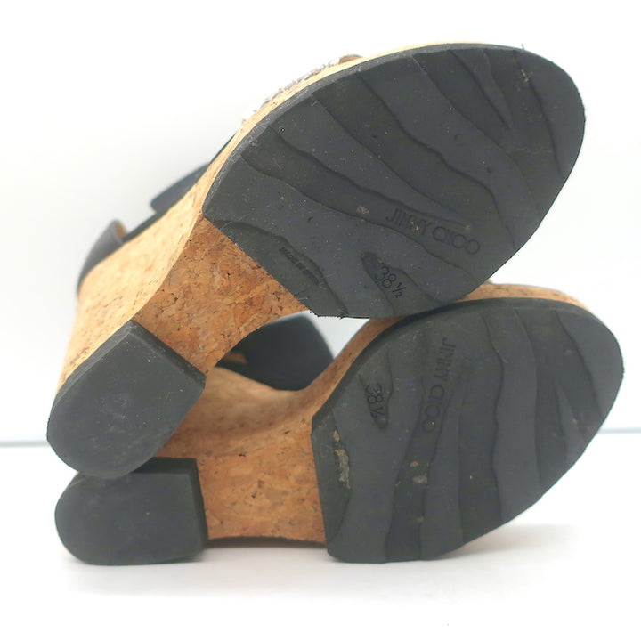Jimmy Choo Neston Cork Wedge Sandals Snakeskin &amp; Black Leather Size 38.5