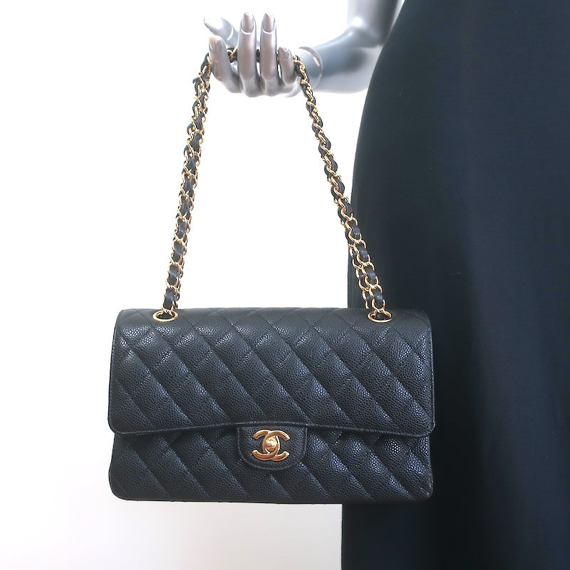 Chanel Medium Double Flap Bag Black Quilted Caviar Leather Chain Strap Crossbody