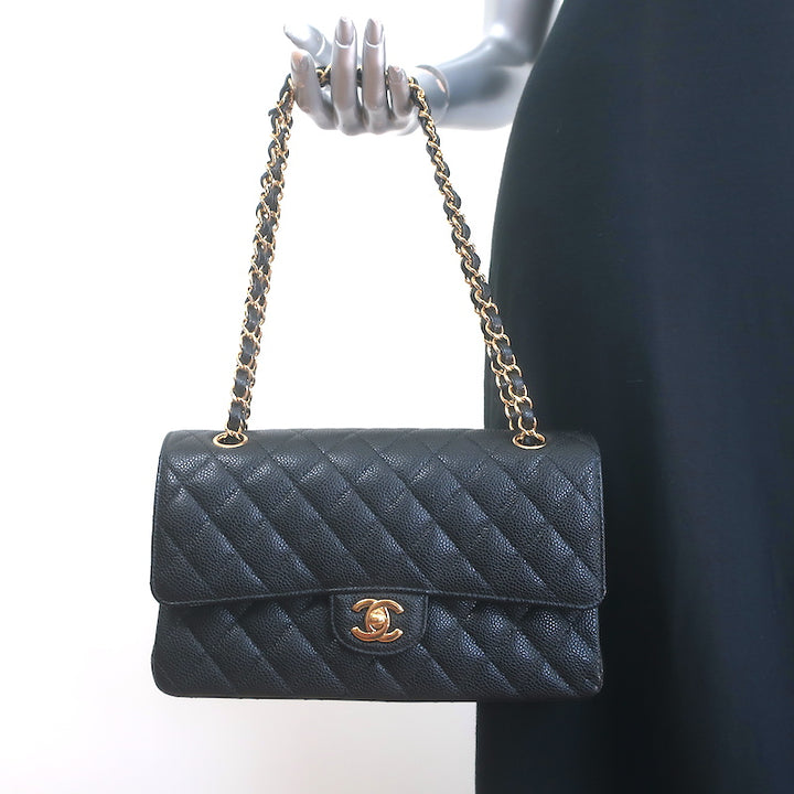 Chanel Medium Double Flap Bag Black Quilted Caviar Leather Chain Strap Crossbody