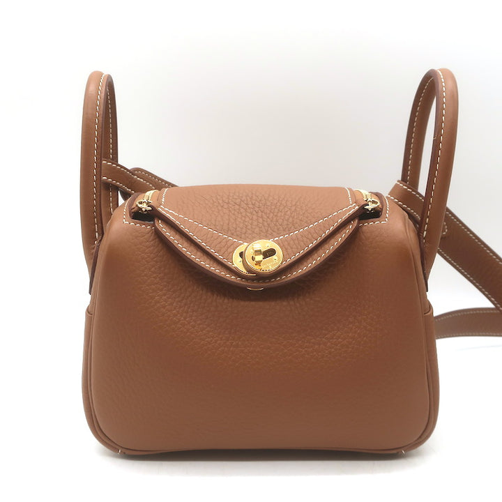 Hermes 2024 Mini Lindy 20 Bag Gold Brown Clemence Leather Gold Hardware