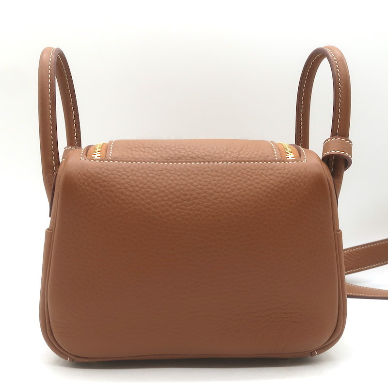 Hermes 2024 Mini Lindy 20 Bag Gold Brown Clemence Leather Gold Hardware