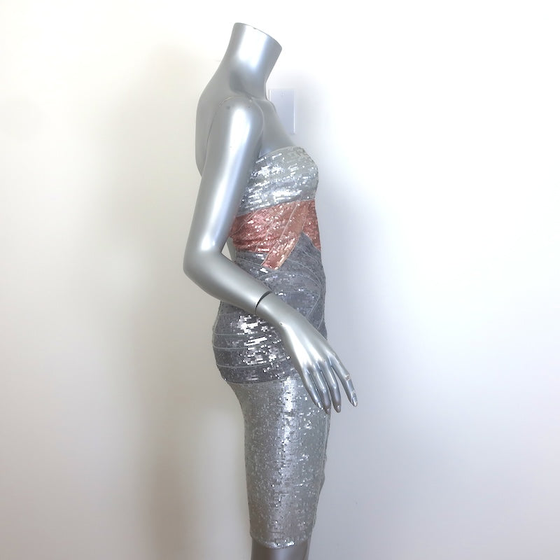 Herve Leger Colorblock Sequin Strapless Bandage Dress Silver Size Small
