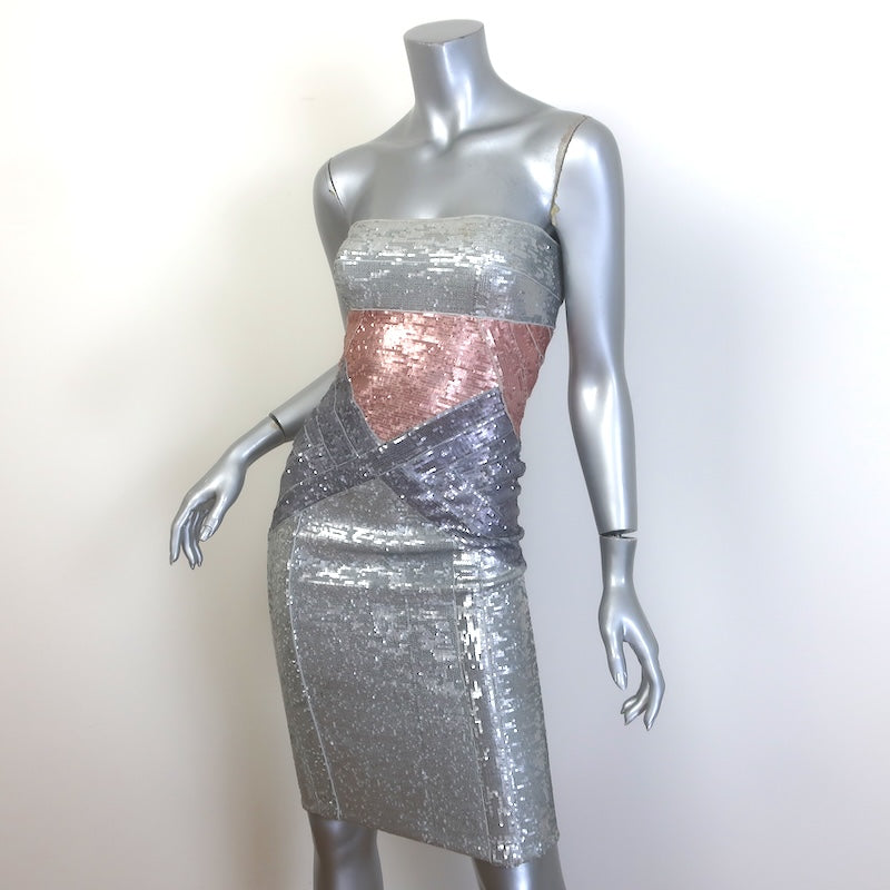 Herve Leger Colorblock Sequin Strapless Bandage Dress Silver Size Small