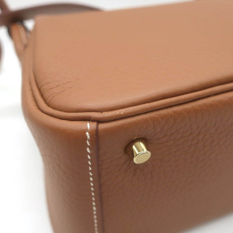 Hermes 2024 Mini Lindy 20 Bag Gold Brown Clemence Leather Gold Hardware