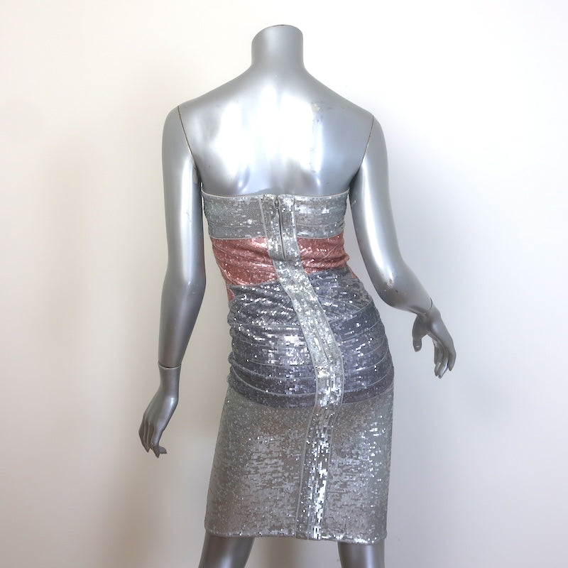 Herve Leger Colorblock Sequin Strapless Bandage Dress Silver Size Small