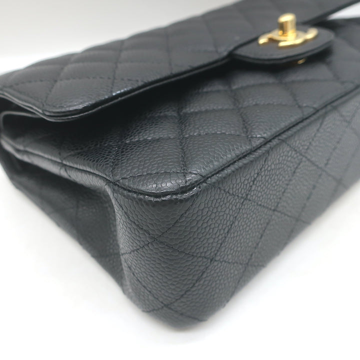 Chanel Medium Double Flap Bag Black Quilted Caviar Leather Chain Strap Crossbody