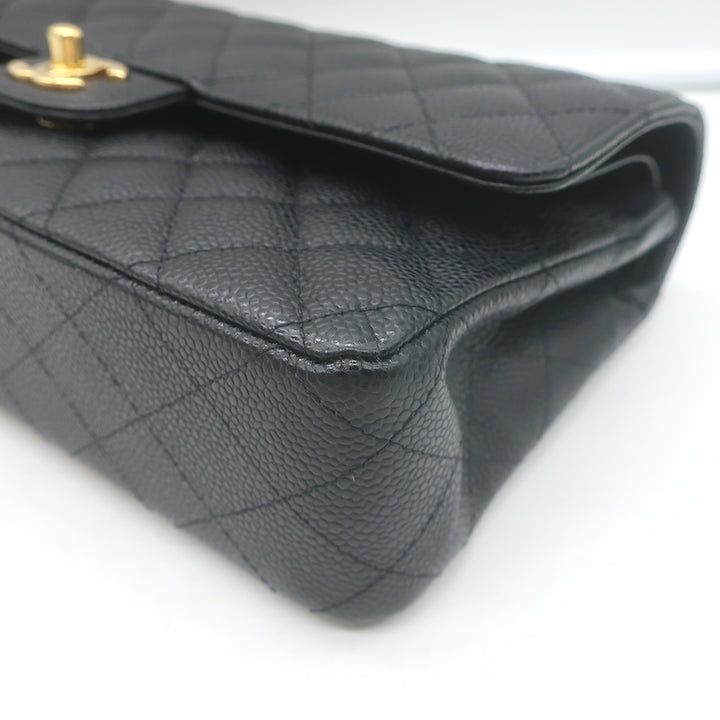 Chanel Medium Double Flap Bag Black Quilted Caviar Leather Chain Strap Crossbody