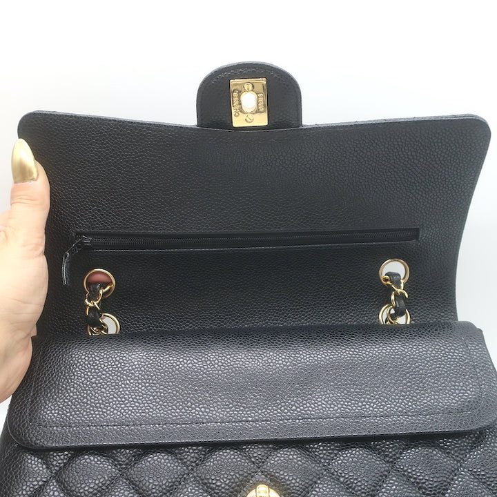 Chanel Medium Double Flap Bag Black Quilted Caviar Leather Chain Strap Crossbody