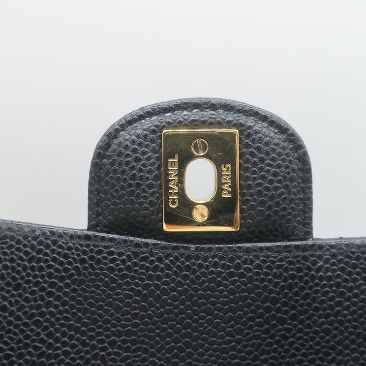 Chanel Medium Double Flap Bag Black Quilted Caviar Leather Chain Strap Crossbody