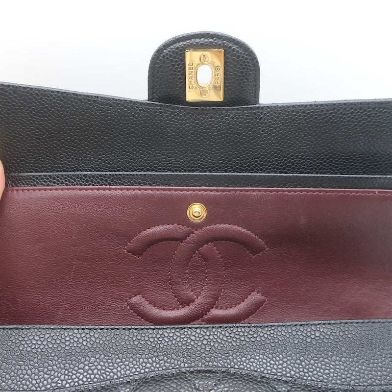 Chanel Medium Double Flap Bag Black Quilted Caviar Leather Chain Strap Crossbody