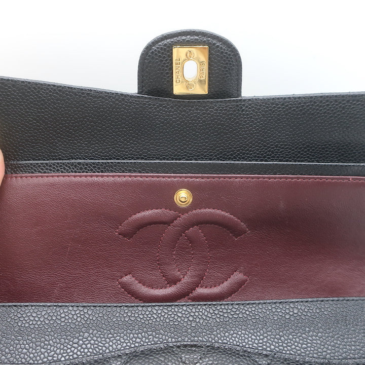 Chanel Medium Double Flap Bag Black Quilted Caviar Leather Chain Strap Crossbody