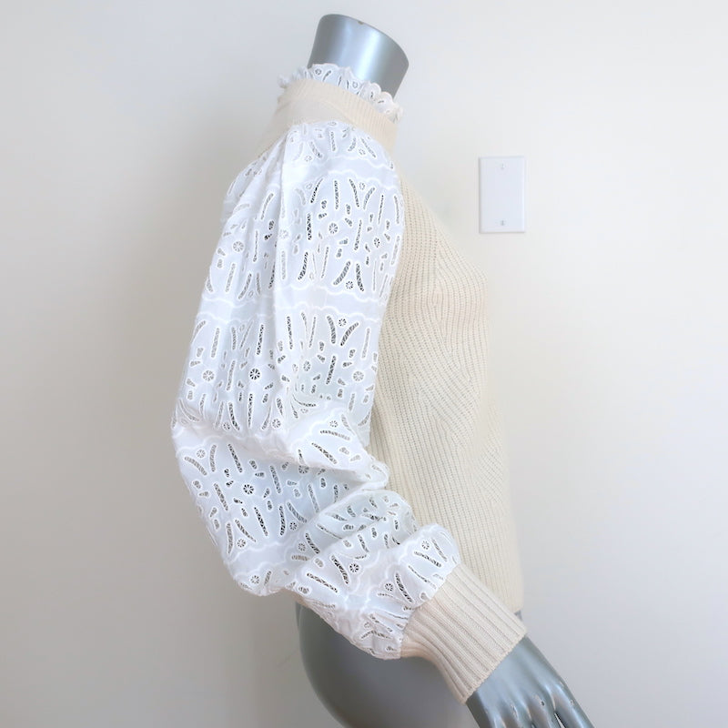 SEA Iris Eyelet-Sleeve Sweater Ivory Ribbed Wool Size Small