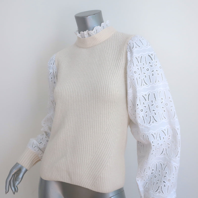 SEA Iris Eyelet-Sleeve Sweater Ivory Ribbed Wool Size Small