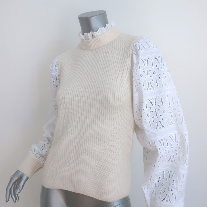 SEA Iris Eyelet-Sleeve Sweater Ivory Ribbed Wool Size Small