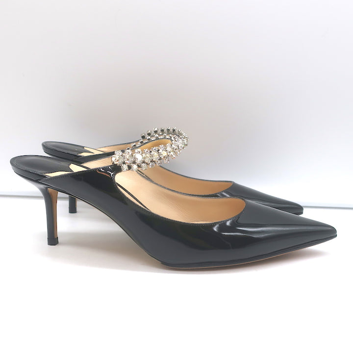 Jimmy Choo Bing 65 Crystal Strap Mules Black Patent Leather Size 39