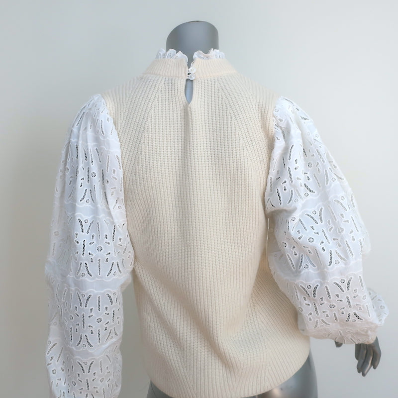 SEA Iris Eyelet-Sleeve Sweater Ivory Ribbed Wool Size Small