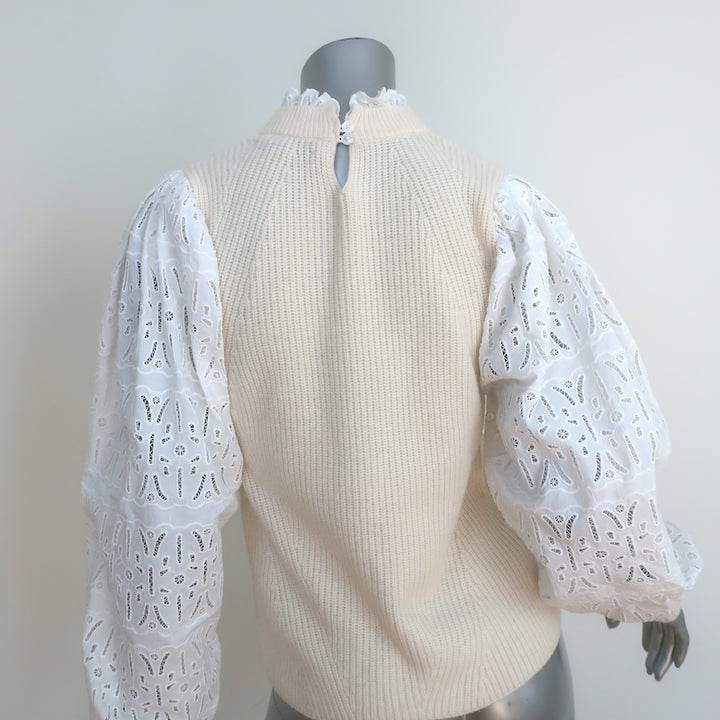 SEA Iris Eyelet-Sleeve Sweater Ivory Ribbed Wool Size Small