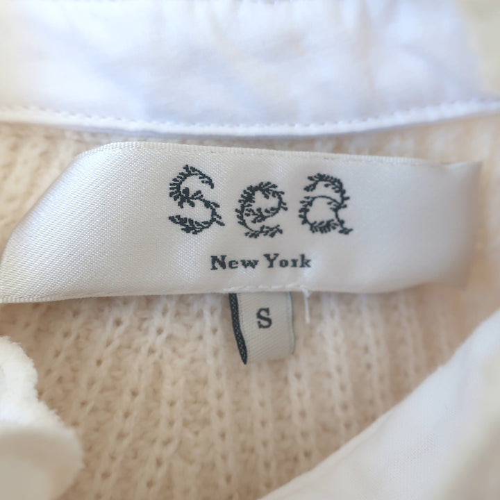 SEA Iris Eyelet-Sleeve Sweater Ivory Ribbed Wool Size Small