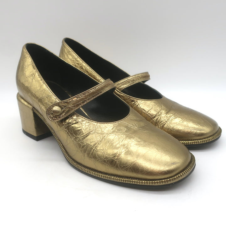 Sam Reychler Heeled Mary Janes Old Gold Metallic Leather Size 37.5