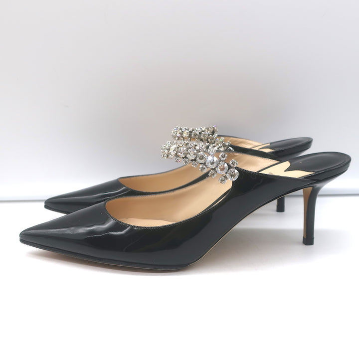 Jimmy Choo Bing 65 Crystal Strap Mules Black Patent Leather Size 39