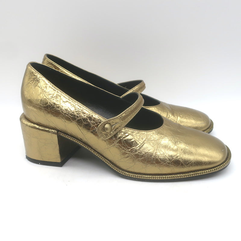 Sam Reychler Heeled Mary Janes Old Gold Metallic Leather Size 37.5