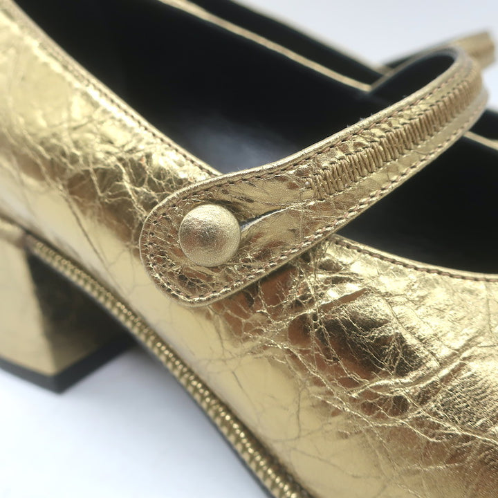 Sam Reychler Heeled Mary Janes Old Gold Metallic Leather Size 37.5