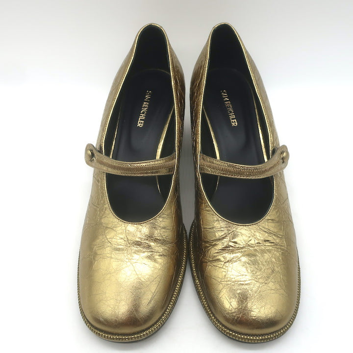 Sam Reychler Heeled Mary Janes Old Gold Metallic Leather Size 37.5