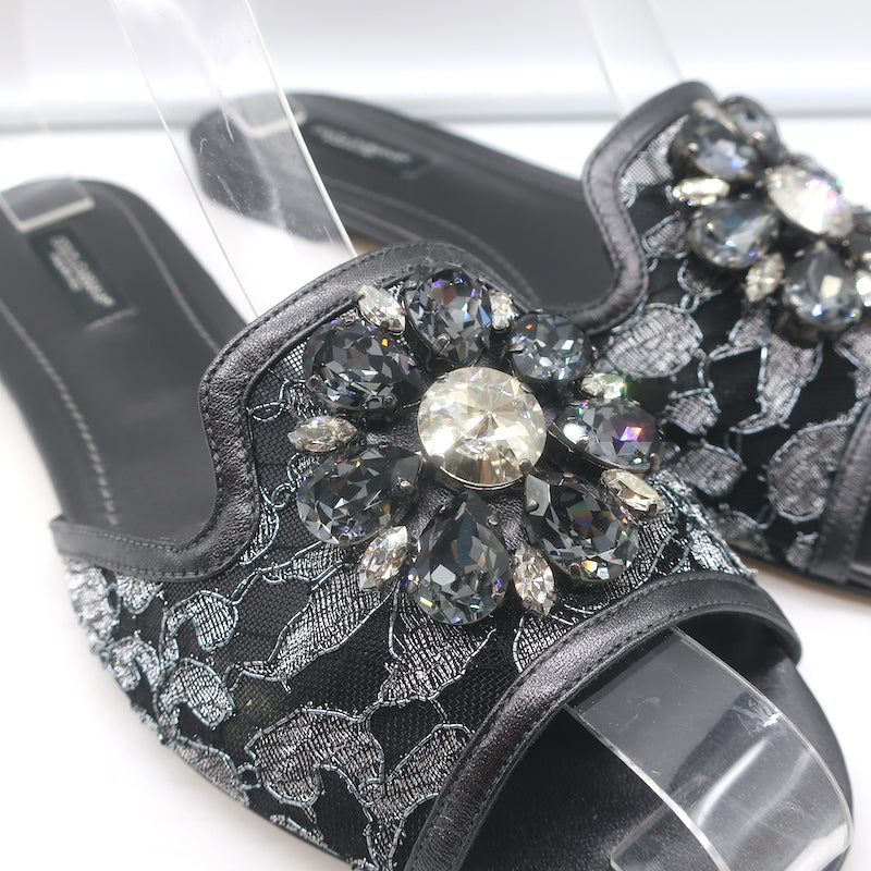 Dolce &amp; Gabbana Sofia Crystal-Embellished Lace Slides Gunmetal Leather Size 38
