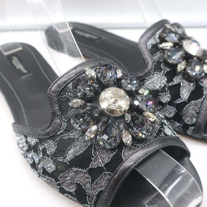 Dolce &amp; Gabbana Sofia Crystal-Embellished Lace Slides Gunmetal Leather Size 38