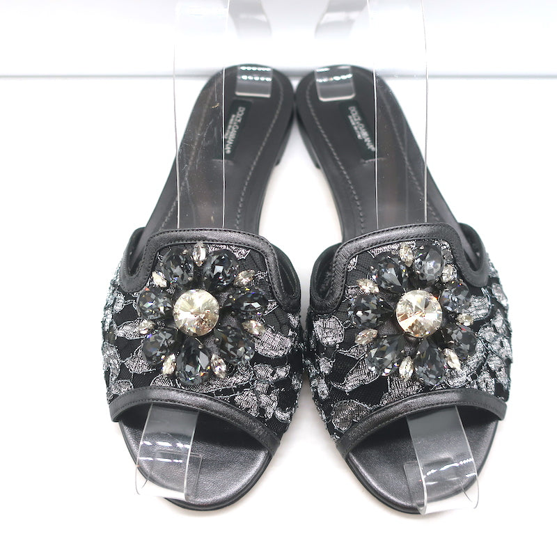 Dolce &amp; Gabbana Sofia Crystal-Embellished Lace Slides Gunmetal Leather Size 38