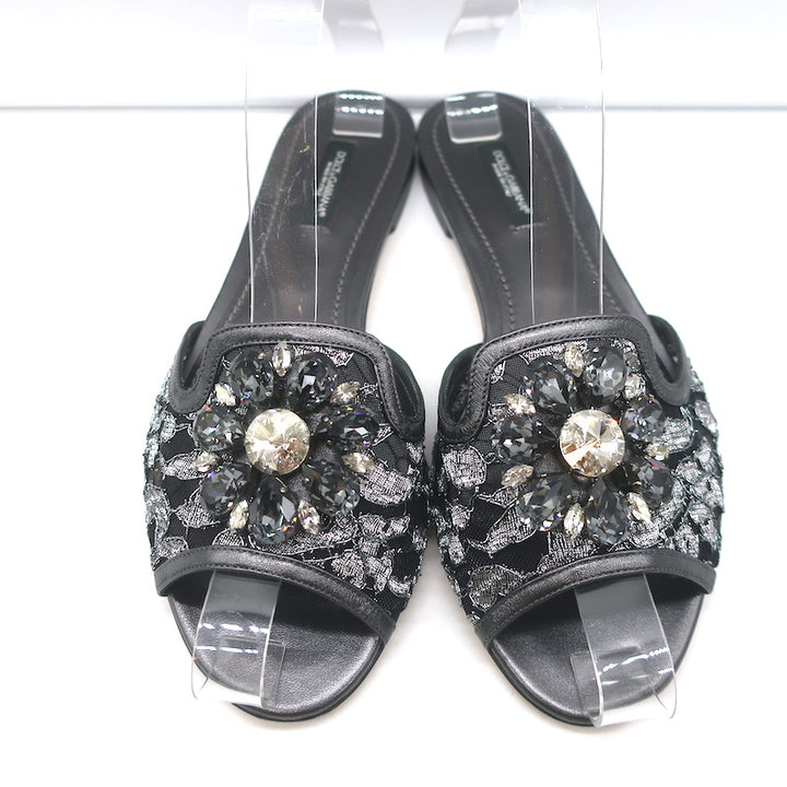 Dolce &amp; Gabbana Sofia Crystal-Embellished Lace Slides Gunmetal Leather Size 38