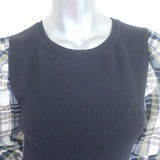 Veronica Beard Leila Plaid-Sleeve Sweater Navy Wool-Blend Size Small