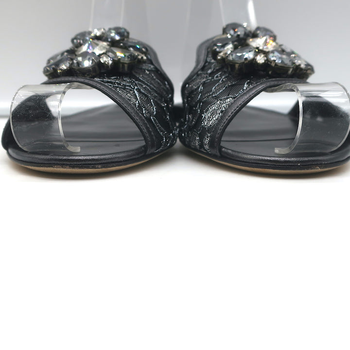 Dolce &amp; Gabbana Sofia Crystal-Embellished Lace Slides Gunmetal Leather Size 38