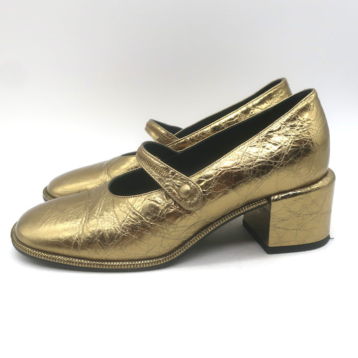 Sam Reychler Heeled Mary Janes Old Gold Metallic Leather Size 37.5