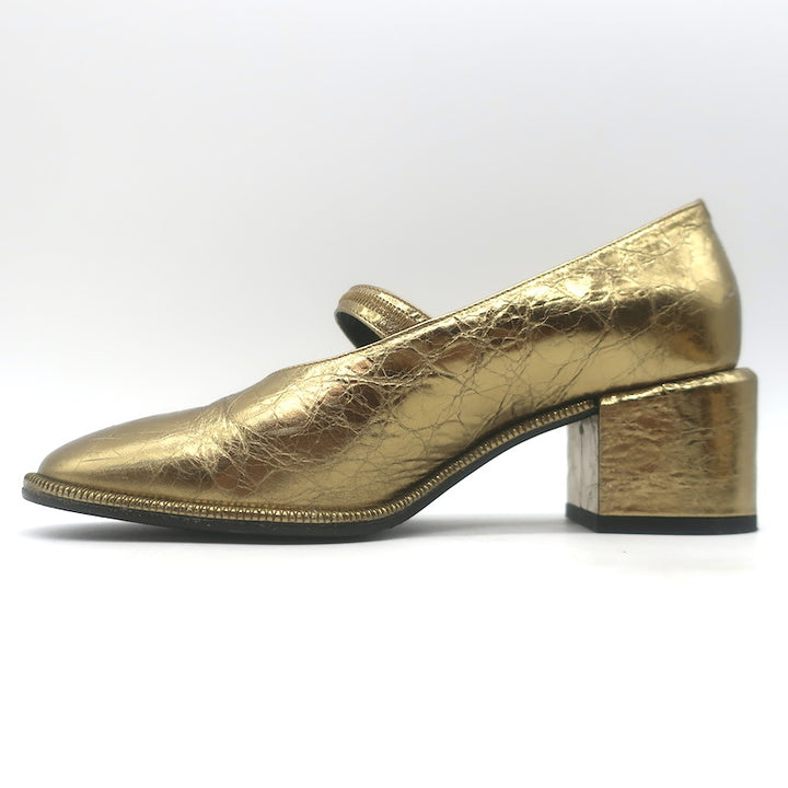 Sam Reychler Heeled Mary Janes Old Gold Metallic Leather Size 37.5
