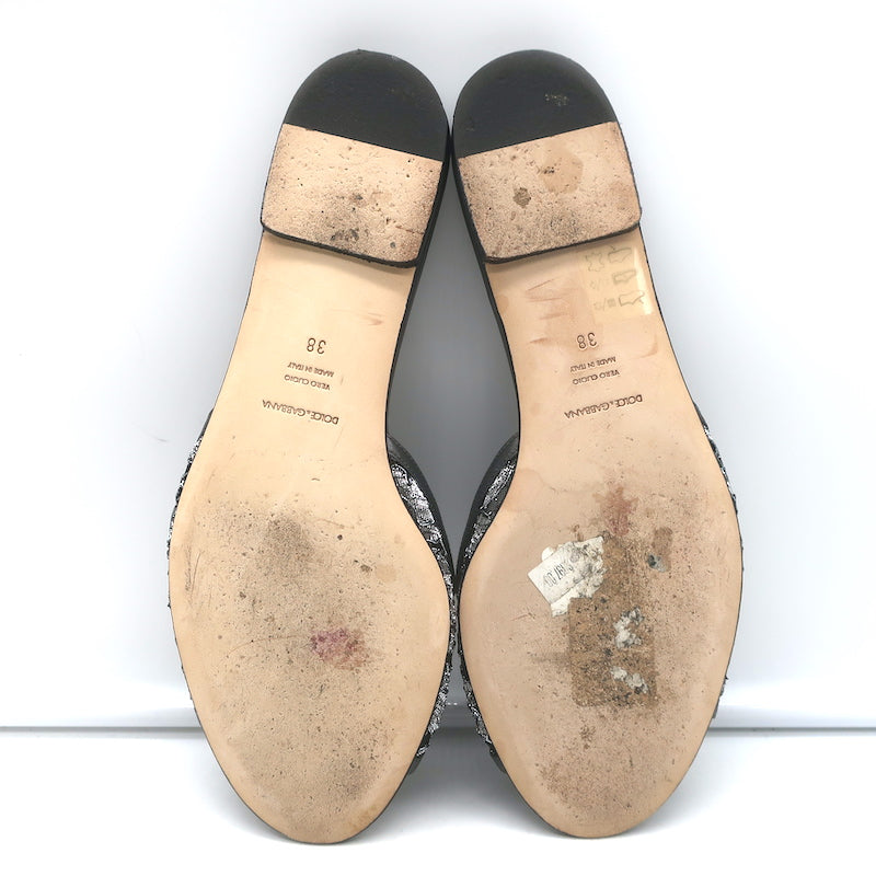 Dolce &amp; Gabbana Sofia Crystal-Embellished Lace Slides Gunmetal Leather Size 38