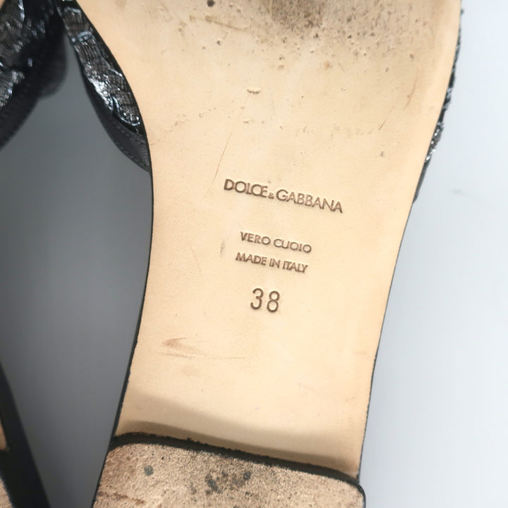 Dolce &amp; Gabbana Sofia Crystal-Embellished Lace Slides Gunmetal Leather Size 38