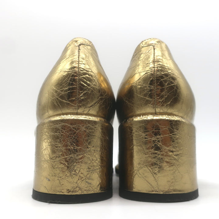 Sam Reychler Heeled Mary Janes Old Gold Metallic Leather Size 37.5