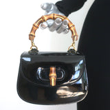 Gucci Mini 1947 Bamboo Handle Crystal GG Chain Strap Bag Black Patent NEW