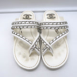 Chanel 19C CC Chain-Trimmed Crisscross Slide Sandals White Leather Size 38