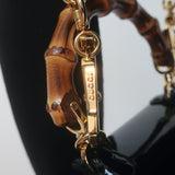 Gucci Mini 1947 Bamboo Handle Crystal GG Chain Strap Bag Black Patent NEW
