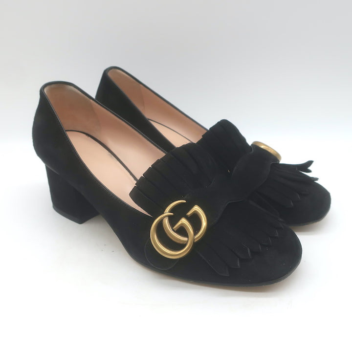 Gucci GG Marmont Fringed Loafer Pumps Black Suede Size 36.5