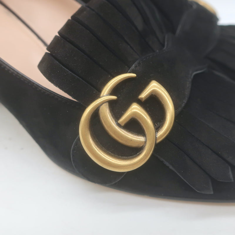 Gucci GG Marmont Fringed Loafer Pumps Black Suede Size 36.5