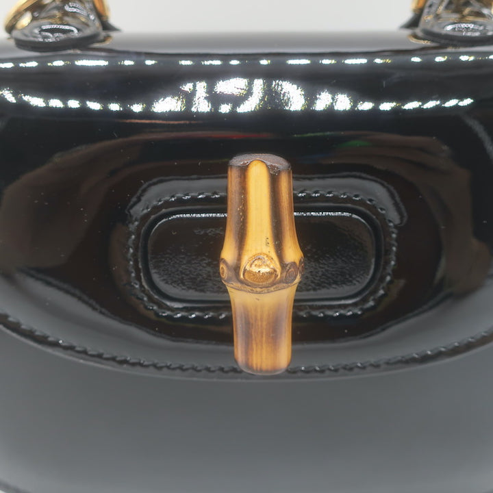 Gucci Mini 1947 Bamboo Handle Crystal GG Chain Strap Bag Black Patent NEW