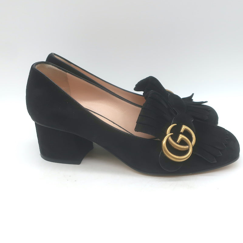 Gucci GG Marmont Fringed Loafer Pumps Black Suede Size 36.5