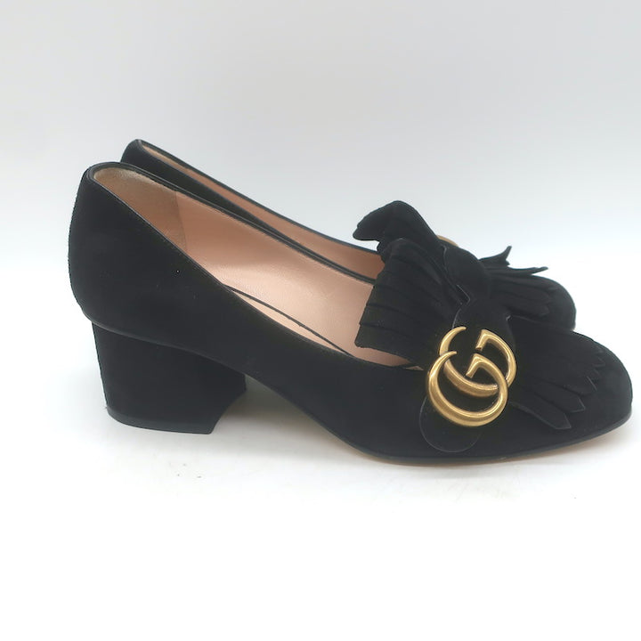 Gucci GG Marmont Fringed Loafer Pumps Black Suede Size 36.5