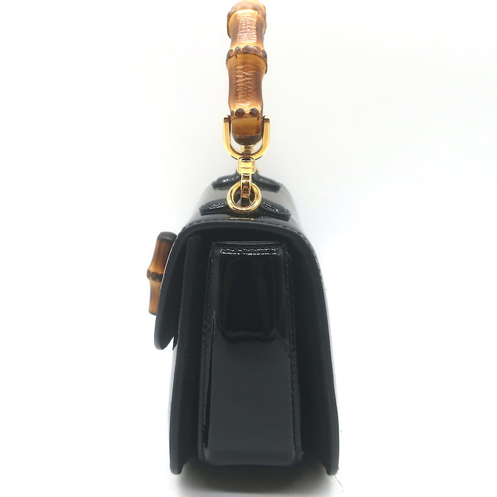 Gucci Mini 1947 Bamboo Handle Crystal GG Chain Strap Bag Black Patent NEW