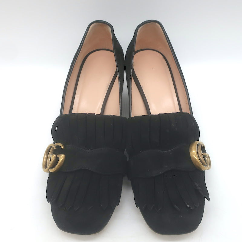 Gucci GG Marmont Fringed Loafer Pumps Black Suede Size 36.5